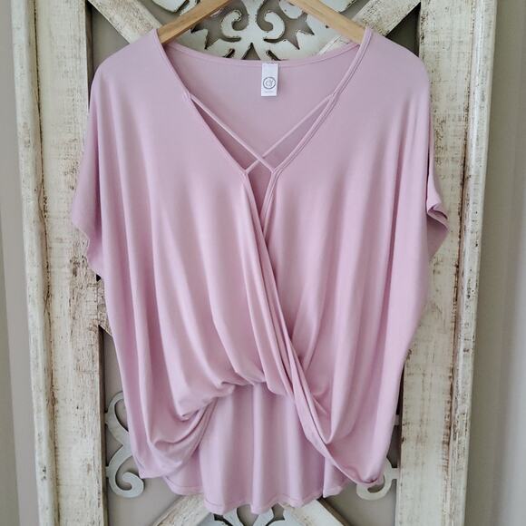 Cy Fashion Women's Deep V-Neck Surplice Criss Cross Top in Baby Pink Blush - Picture 4 of 11